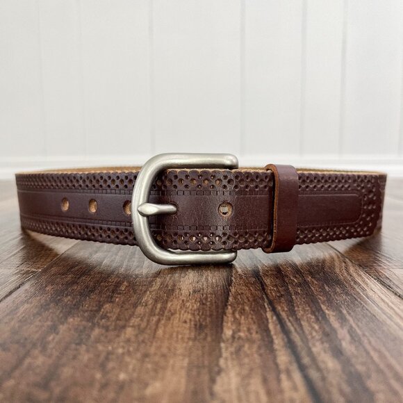 Scallop Edge Laser Cut Belt Bonded Leather Solid Brass Buckle Size Medium Brown - Picture 1 of 14